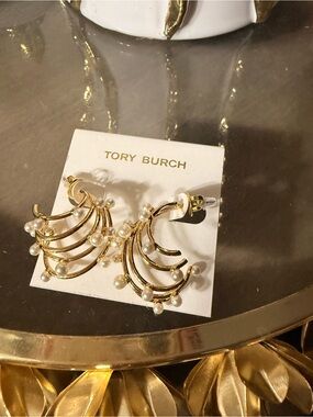 Tory Burch Gold Hoop Earrings with Pearl Accents $220 online